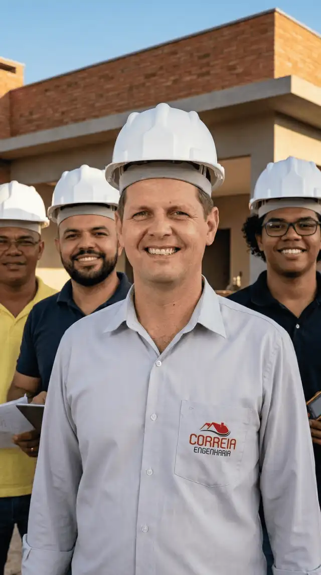 Equipe da Correia Engenharia em obra, com capacetes e camisa da empresa